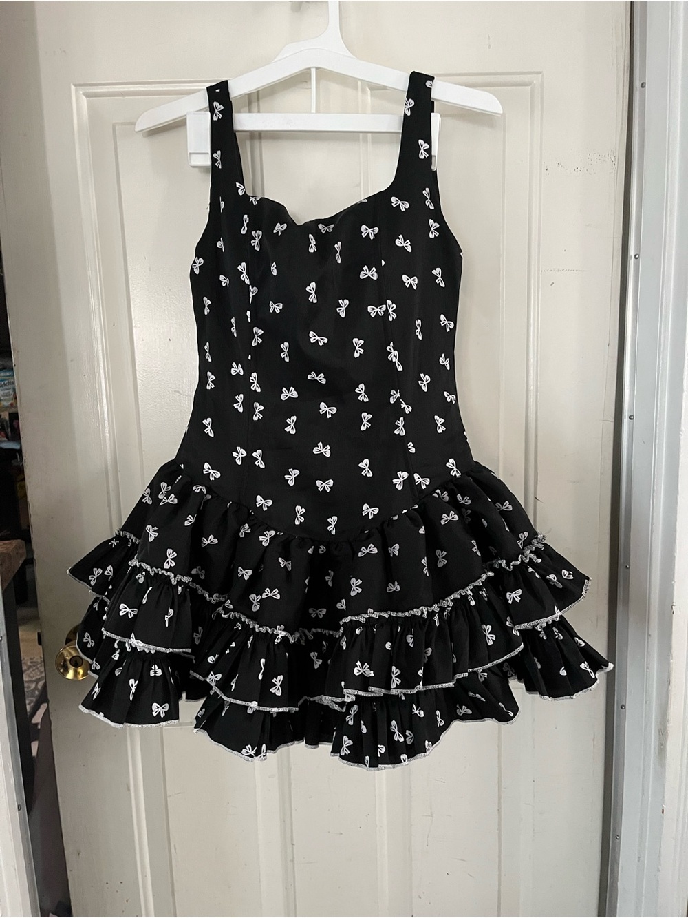 Black Ruffled Mini Dress with White Bow Print